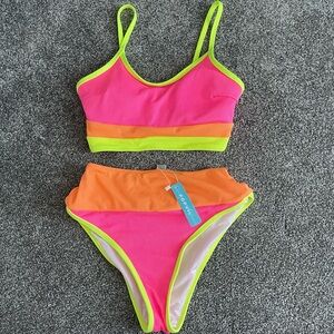 Women Neon Pink, Orange, and Yellow Bikini Set